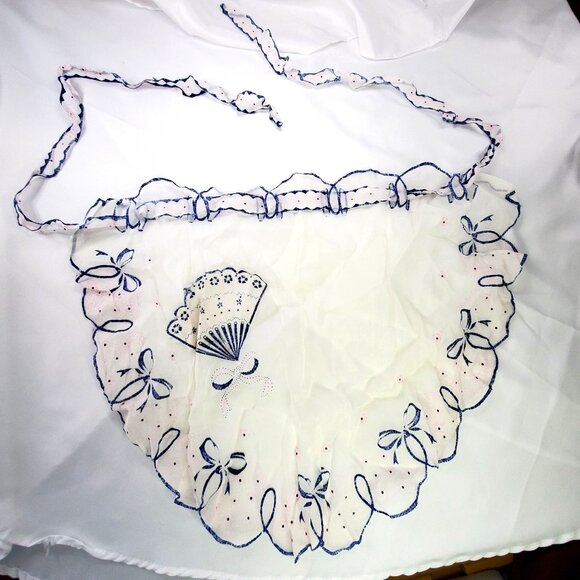 VTG White Blue Waist Half Apron Bow & Fan Cottagecore Farm Chore Boho Chic *READ - Picture 8 of 9